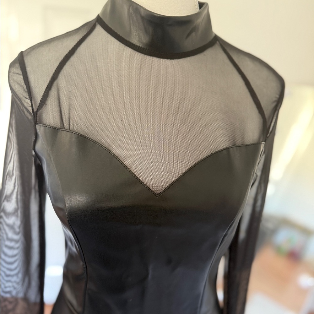 Black Faux Leather Mesh Long Sleeve Mini Dress Sheer Y2K Sexy Bodycon - Picture 2 of 5